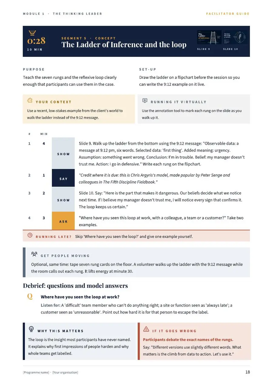 Facilitator guide page: Segment 5 with timings and SAY, ASK, DO steps