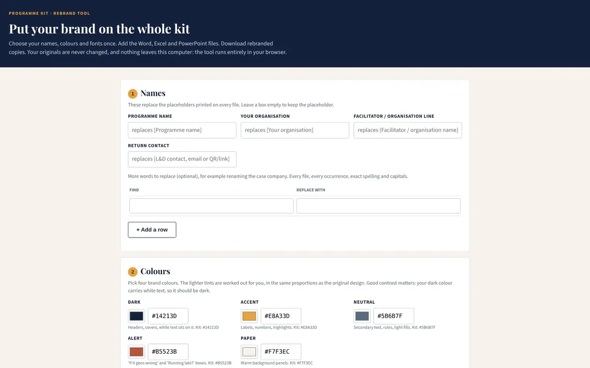 The Rebrand Tool: programme name, organisation, colours and fonts