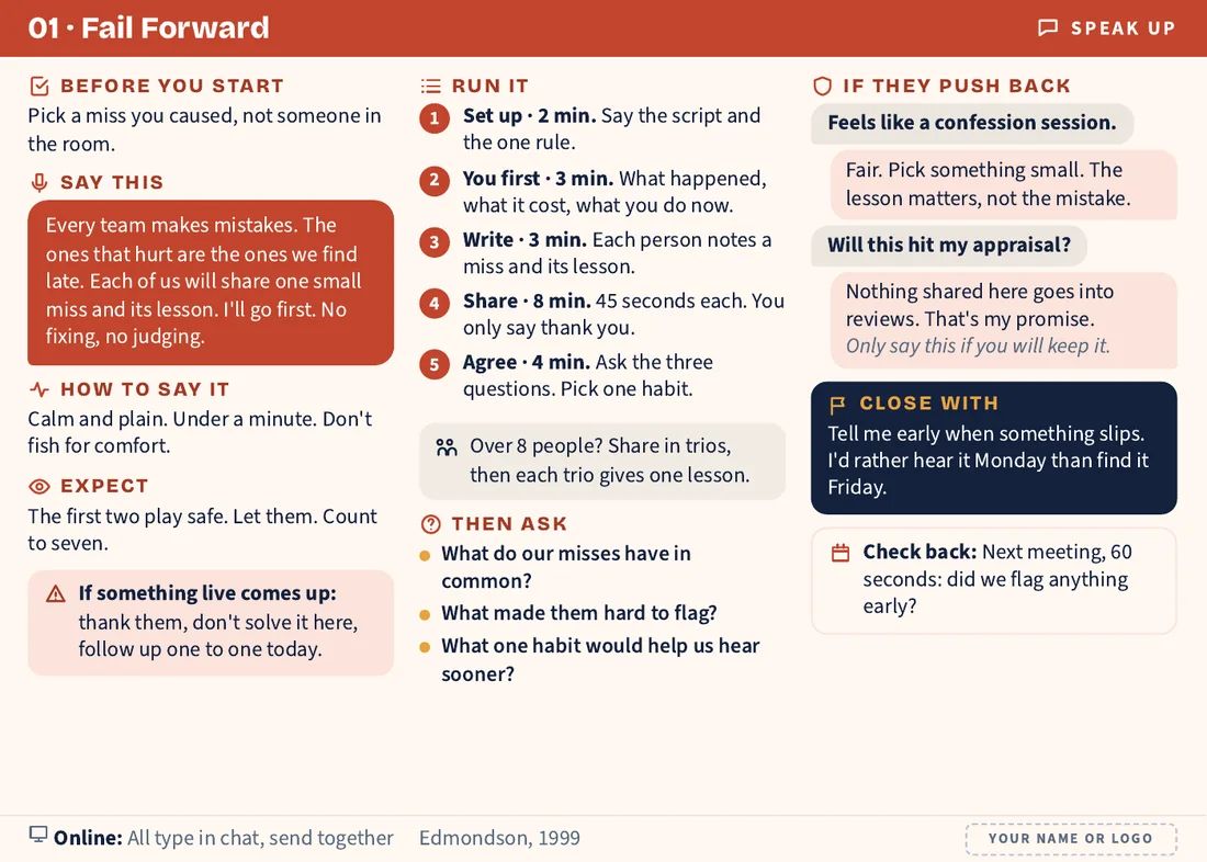 Card back: the Fail Forward run sheet with what to say, timed steps, debrief questions and replies for push-back
