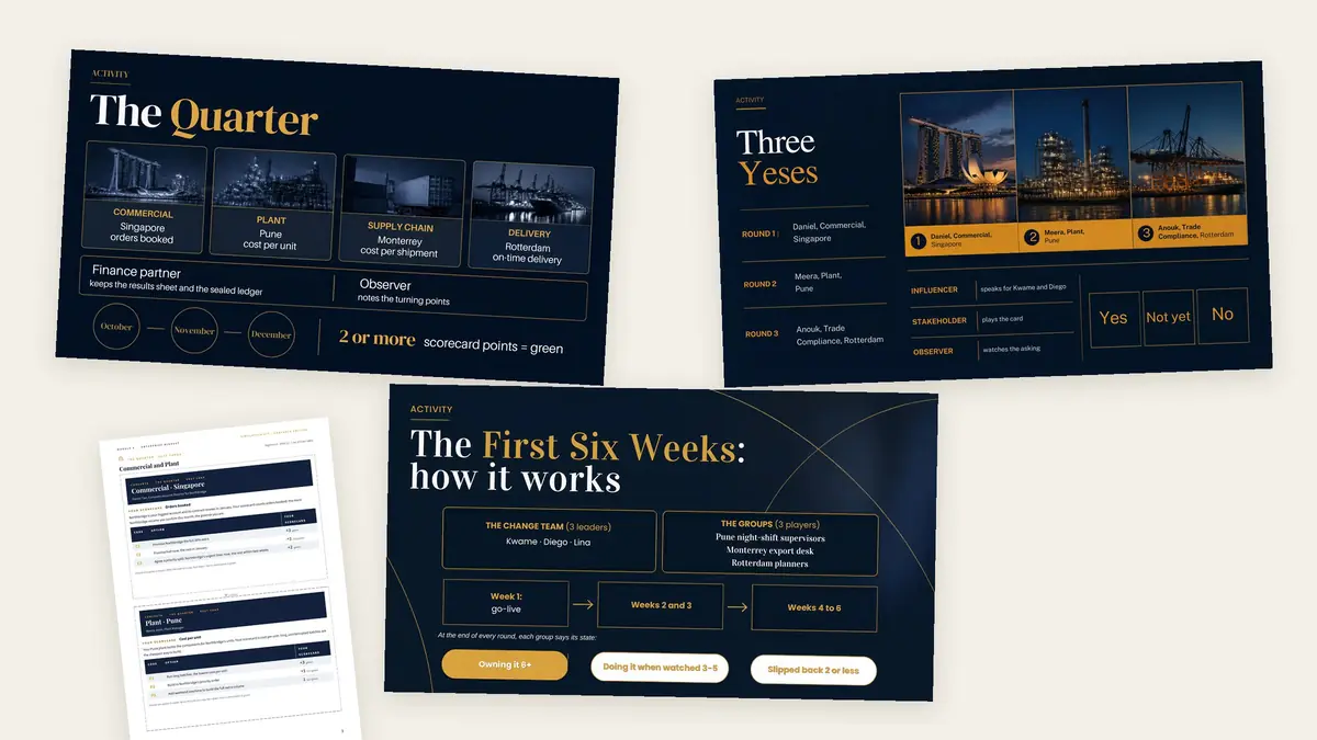 Three simulations: The Quarter, Three Yeses, The First Six Weeks